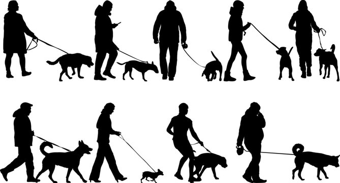 Set silhouette of people and dog on a white background