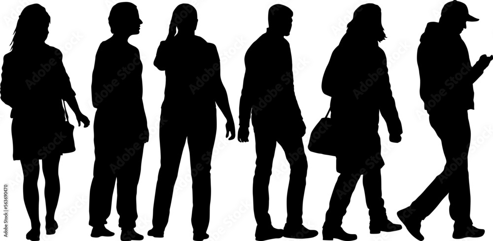 Wall mural Silhouette Group of People Standing on White Background