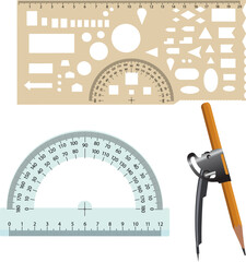 Ruler compasses and protractor drawing tools on a white background