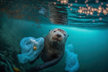 Sea Otter's Plight - The Devastating Impact of Plastic Pollution on Our Marine Wildlife. AI generated picture.