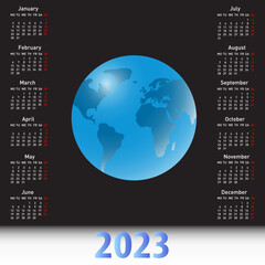 Calendar 2023 with a globe on the black sky