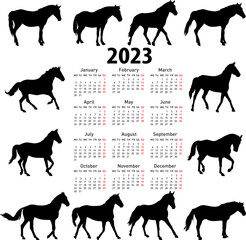 Calendar for 2023 of horse silhouettes isolated on white background