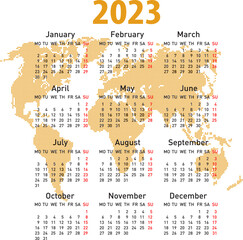 Calendar 2023 with world map. Week starts on Monday