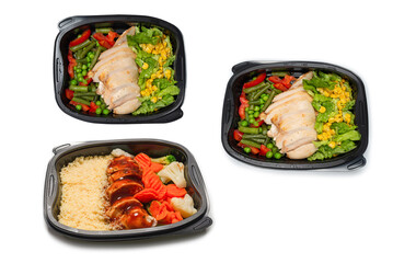 Ready food in a container. Stewed chicken in teriyaki sauce, stewed carrot, cabbage and porridge.