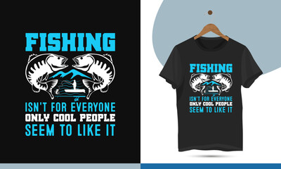 Fishing t-shirt design template with Boat, Fisherman, sea, mountain, rod, and Fish vector illustrations.