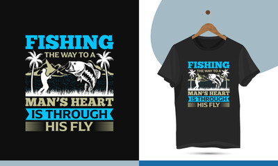Fishing t-shirt design template. Vector illustration with Mountain, Palm Tree, Grass, Sea, River, Fisherman, and fish silhouette for a shirt.