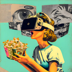 Life in metaverse, virtual reality addiction, collage art, surrealism art Generative AI