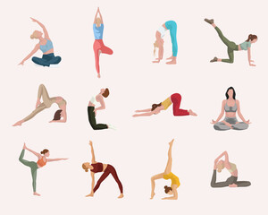 12 yoga positions in faceless style. Collection of young women performing yoga, demonstrating different poses on isolated light background 