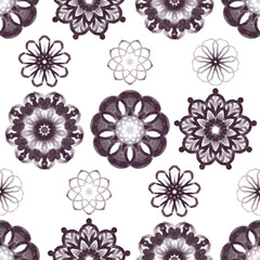 Seamless pattern of multicolored snowflakes, ornament, flower.