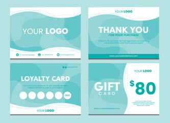 Small business cards collection. Thank you card, loyalty card and gift card editable template.Turquoise and white wavy background. Thanks for your purchase text. Modern vector illustration