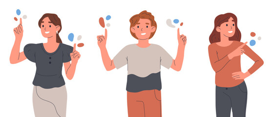 People pointing to something. Characters indicating and pointing with index finger, cheerful people pointing up flat vector illustration set