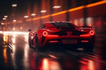 Red sports car in a rainy city at night with street lighting. Car rear view. luxury car