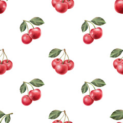 Red cherry seamless pattern. Hand drawn watercolor illustration