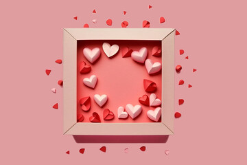 Greeting card for Valentine day with gift box and paper red hearts on pink table top view. Generative IA