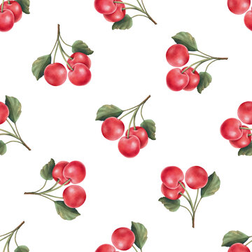 Red cherry seamless pattern. Hand drawn watercolor illustration