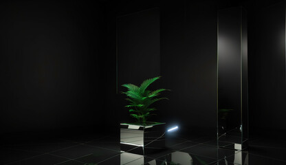 Generative AI black podium and metal shiny material with black background and interior design with podium and stage