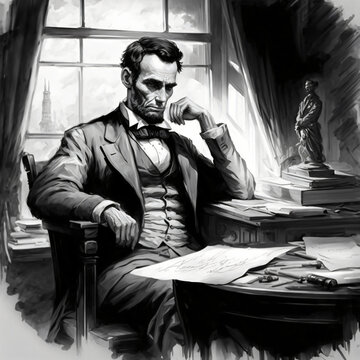 black and white illustration of Abraham Lincoln sitting on his desk thinking