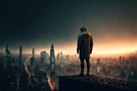 A Silhouette Of A Person In A Hoodie Standing On The Edge Of A Rooftop, Gazing At A Foggy And Epic Futuristic City Skyline At Night, Generative Ai