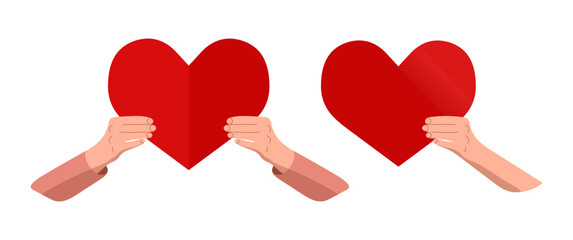 Hands holding red hearts vector illustration isolated on white background. Give and share your love, charity and donation concept. Valentine's day template - obrazy, fototapety, plakaty