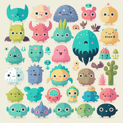 set of cute monsters and magic icons on a white background Generative Ai