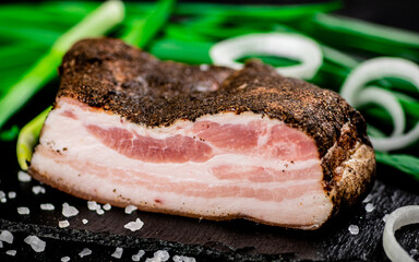 Delicious lard on a stone board with onions and spices. 