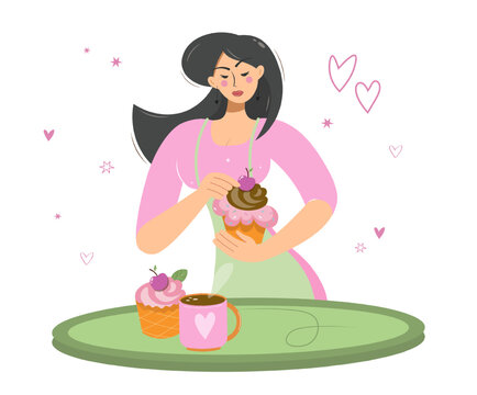 The girl decorates the cupcake with cherries. Cute cartoon woman baking sweets. Vector isolated illustration for advertising, bakeries. cafes, shops.