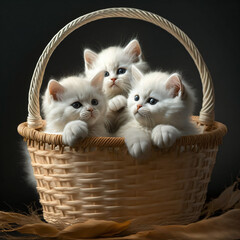 a wicker basket with three white small kittens inside Generative Ai
