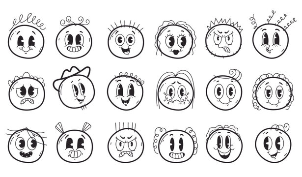 Face colorful round circle characters mascot with different emotions and expressions. Doodle line art style concept set. Vector cartoon graphic design element illustration