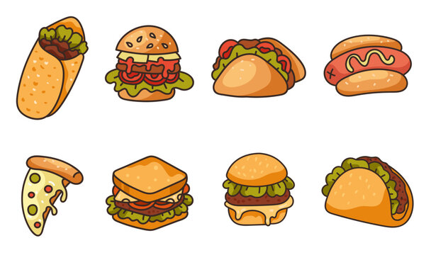 Fast street food burger, pizza, sandwich, taco isolated set. Doodle line art style concept set. Vector cartoon graphic design element illustration