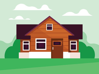 Village house on the background of the garden. Vector graphics