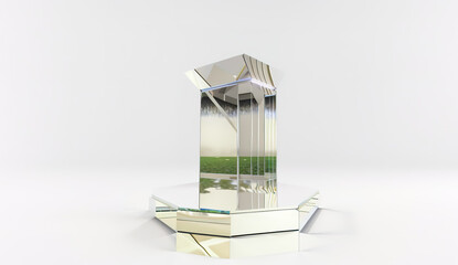 Generative AI glass podium and metal shiny material with white background and interior design with podium and stage. Abstract minimal scene with geometrical forms. Design for product presentation