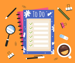 Open planner dairy with notes and stationery tools laying on table top view. Reminder notebook concept. Vector cartoon graphic design element illustration