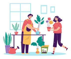 People man woman characters gardening watering and taking care home flowers plant. Doodle line art cute style concept set. Vector cartoon graphic design element illustration