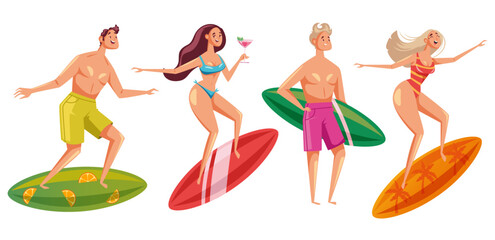 Surfers people man woman characters mascot holding surfboard isolated set. Beach activity vacation concept. Vector cartoon graphic design element illustration