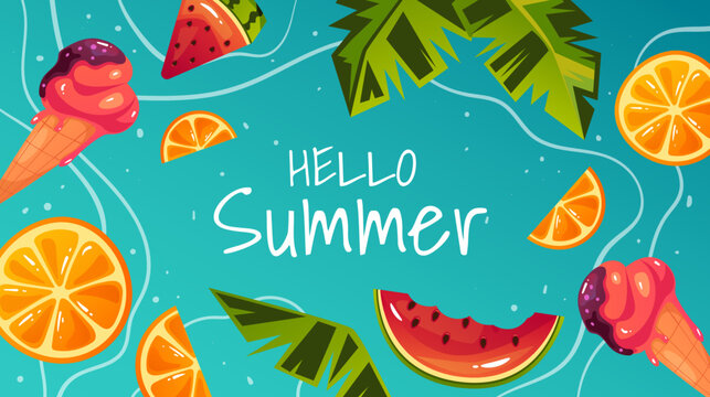 Hello summer bunner poster cover flyer concept. Vector cartoon graphic design element illustration