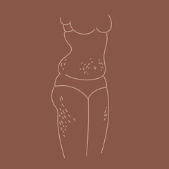 Plus size woman with stretch marks on legs and her belly. Body positive. Line art. Female body