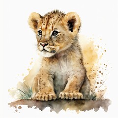 Obraz na płótnie Canvas Adorable baby lion illustration in watercolor illustration Generative AI