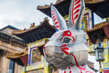 Fototapeta na wymiar Rabbit sculpture in Liverpools Chinatown