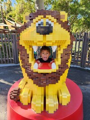 Boy inside of a blocks Lion.