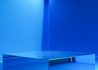Generative AI blue podium with blue background. Blue product background stand or podium pedestal on advertising display with blank backdrops.