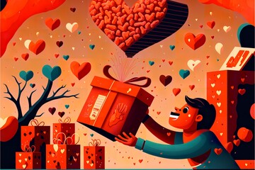 Young man sending his valentine's gift package into the pink air of hearts, valentine';s day theme, lovely illustration, Generative AI