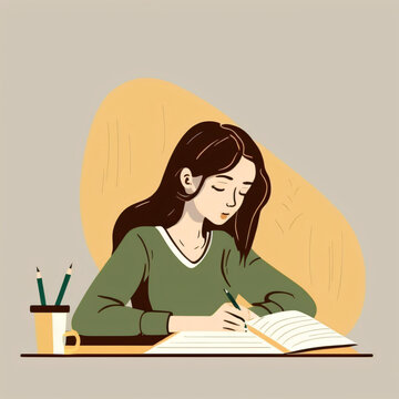 cartoon of a girl writing in a notebook while studying  wearing a green sweater Generative Ai