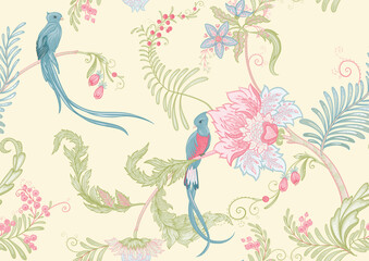 Fantasy flowers with bird of paradise quezal, in retro, vintage, jacobean embroidery style. Seamless pattern, background. Vector illustration.