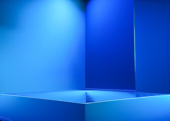Generative AI blue podium with blue background. Blue product background stand or podium pedestal on advertising display with blank backdrops.