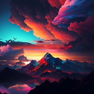Abstract sunset over the mountains, generative AI © Mowgli