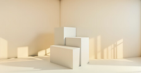 Fototapeta premium Generative AI white podium with yellow background. Abstract geometric shape in yellow color for product podium presentation background. Art and Color concept.