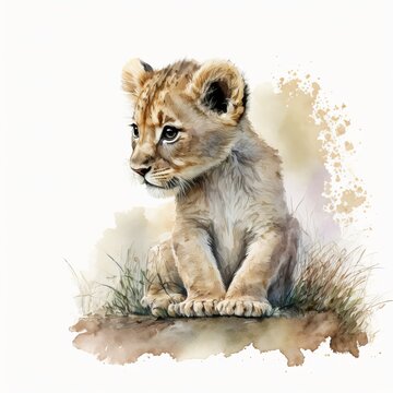 Adorable baby lion illustration in watercolor illustration Generative AI
