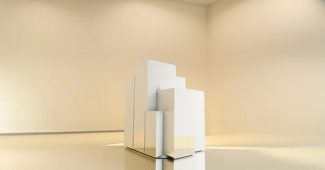 Fototapeta premium Generative AI white podium with yellow background. Abstract geometric shape in yellow color for product podium presentation background. Art and Color concept.