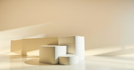 Generative AI white podium with yellow background. Abstract geometric shape in yellow color for product podium presentation background. Art and Color concept.