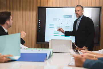 group of businesspeople sitting together in a meeting for best ideas, International executive team people having board discussing project results. Diverse employees group working with senior worker